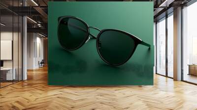 Stylish cat-eye sunglasses displayed against a rich green background, perfect for fashion-focused photography and marketing. Wall mural