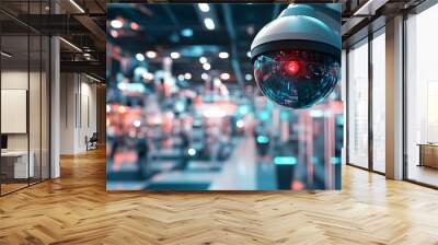 Surveillance camera monitoring a busy public space with blurred background and bright lights. Wall mural