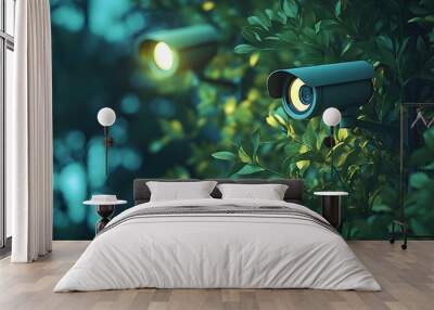 Surveillance cameras mounted among lush greenery, illuminating the surroundings with a soft glow, ensuring security and safety. Wall mural