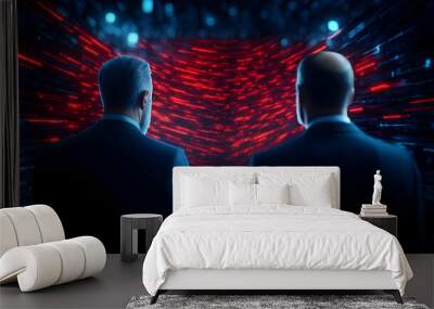 Two businessmen in suits observing data projections against a vibrant digital backdrop. Wall mural