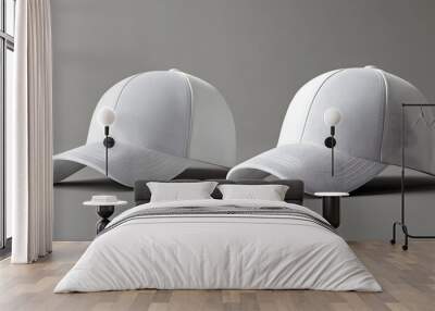 Two stylish white baseball caps captured against a minimalist backdrop, perfect for fashion or sports-related projects. Wall mural