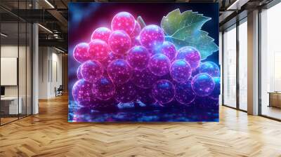 Vibrant grapes illuminated with neon effects, showcasing an artistic blend of colors with a fresh green leaf, ideal for creative projects. Wall mural