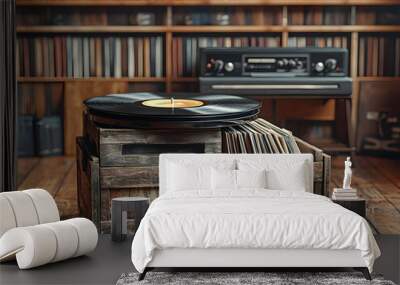 Vintage turntable with vinyl records in a wooden crate against a cozy music backdrop. Wall mural