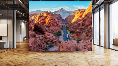 Hiker enjoying  View, Rock Formations, .Valley of Fire State Park..Las Vegas, Nevada, USA Wall mural