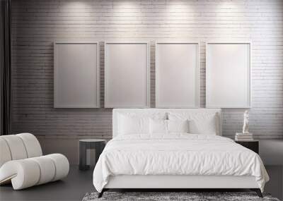 A white brick wall with four empty picture frames Wall mural