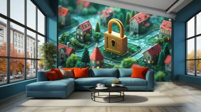 A large golden padlock symbolizes security in a suburban neighborhood, surrounded by small houses, representing home protection and safety. Wall mural