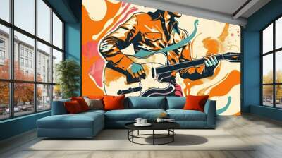 Colorful illustration of a cowboy musician playing a guitar with abstract, vibrant background. Wall mural