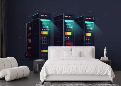 Futuristic server room illustration featuring three server racks with vibrant lights, showcasing modern technology and digital data storage. Wall mural