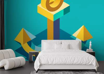 Golden Anchor: Isometric Illustration: A vibrant, gold anchor against a turquoise background, symbolizing stability, safety, and hope.  This colorful, modern design is perfect for web design. Wall mural