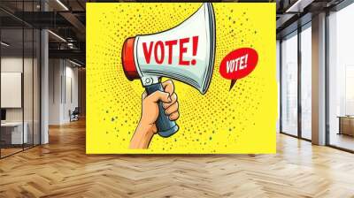 Hand holding megaphone with 'VOTE!' text, yellow background, pop art style. Wall mural