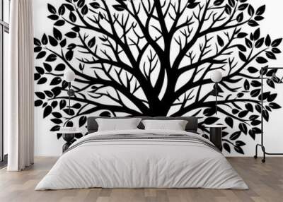 Majestic Oak Silhouette: A timeless symbol of strength and resilience, this intricate silhouette of a mighty oak tree stands tall against a stark white background.  Wall mural