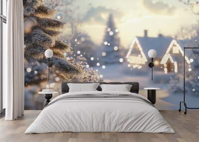 Snowy winter landscape with a cozy house and pine trees beautifully lit by festive lights. Evening setting with soft snowfall. Wall mural