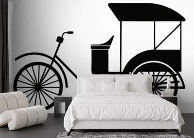 Vintage Asian Rickshaw Silhouette: A classic symbol of transportation, a black and white silhouette of a traditional rickshaw with a canopy, capturing the essence of Asian culture and history.  Wall mural