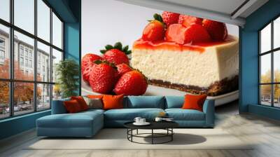 A piece of traditional classic cheesecake with strawberries on white background. Sweet fruit dessert Wall mural