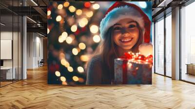 Beautiful happy young woman in Santa hat holding a wrapped Christmas gift box. Festive lights at the background Wall mural