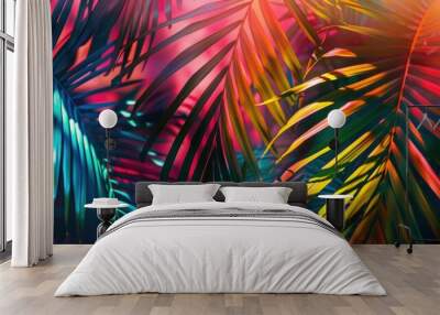 Colorful palm tree leaves background. Floral pattern wallpaper with shadows from shining sun Wall mural