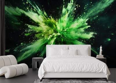 Green lime paint explosion abstract background. Coloured cloud on black. Colorful splash dust explode Wall mural