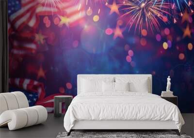 Holiday fireworks on the background of the US flag with copy space. 4th of July Independence day concept Wall mural