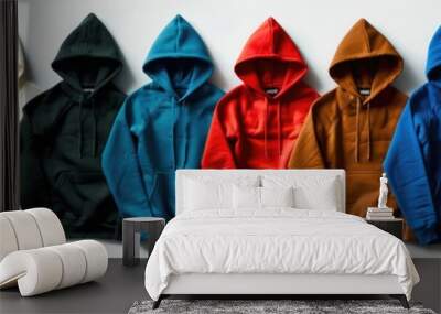 Hoodies of different colors placed in a row on white background Wall mural