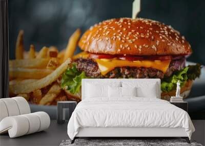 Juicy burger and French fries on white plate. Hamburger or cheeseburger and potato chips on black background Wall mural