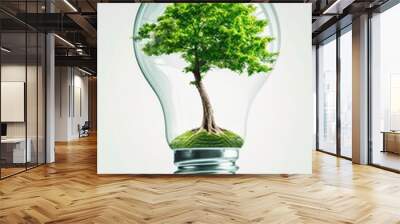 Light bulb with a green tree inside on grey background. Green alternative energy ecology concept. AI Generated Wall mural