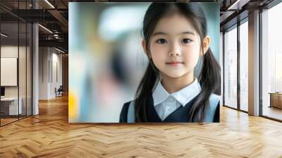 Little cute Asian schoolgirl wearing uniform in classroom looking into camera. Back to school concept Wall mural