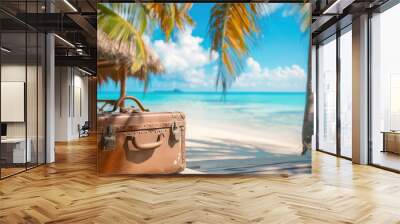 Old brown suitcase on bungalow patio by the ocean beach with palm trees. Summer vacation trip and tour concept Wall mural