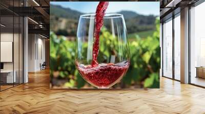 Pouring red wine into glass in the vineyard on a beautiful summer day. AI Generated Wall mural