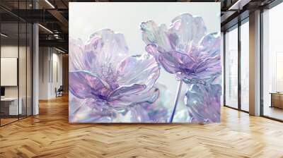 Purple glass flowers with transparent petals, summer floral nature ethereal art. Vibrant holographic background Wall mural