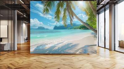 Tropical beach with palm trees and azure water in ocean. Paradise island on a sunny day. Trip, travel and vacation theme Wall mural