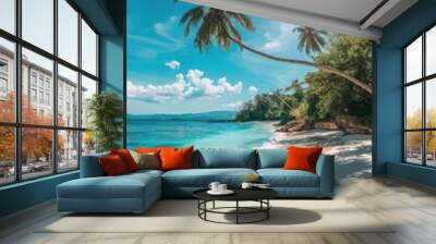 Tropical beach with palm trees and turquoise water in ocean. Paradise island on a sunny day. Trip, travel and vacation Wall mural