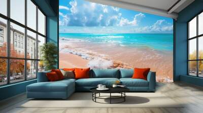 Tropical beach with turquoise water in the ocean. Paradise island on a sunny summer day. Trip, travel and vacation theme Wall mural