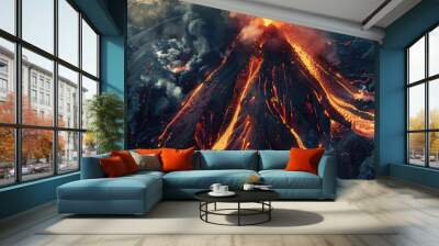 Volcano eruption, flowing lava cascading down its slopes with smoke and fire, natural disaster Wall mural