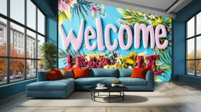 Welcome word on blue flower background. Floral greeting text for events, websites, promotions and hospitality industry Wall mural