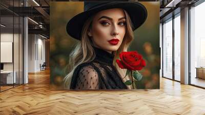 Beautiful woman in black hat and red rose. Wall mural