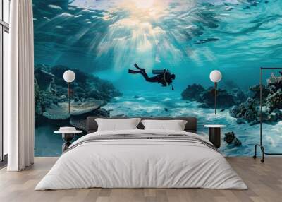 Diver near sea bottom. Wall mural