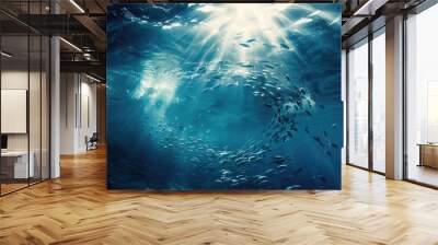 Fish in the ocean. A large school of fish swim in circles in the ocean. Wall mural