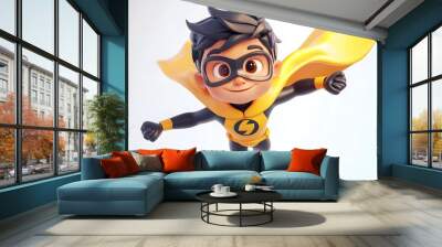  3D cartoon of a superhero kid in a dynamic flying pose on a white background.  Wall mural