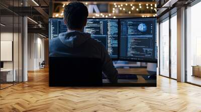 Working businessman in front of a computer screen, digital technology and finance  Wall mural