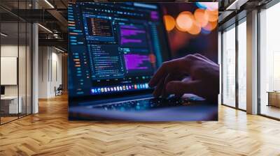 Working businessman in front of a computer screen, digital technology and finance  Wall mural