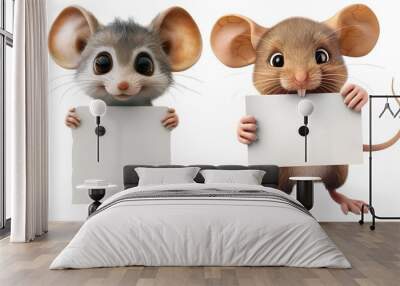 Cartoon cute mouse holding blank sign isolated on white background Wall mural