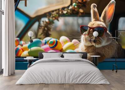 Cute Easter Bunny with sunglasses looking out of a car filed with easter eggs, Generative AI Wall mural