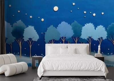 A charming little nighttime landscape featuring trees, hills and stars in the sky - all in blue and white, and done in textile Wall mural