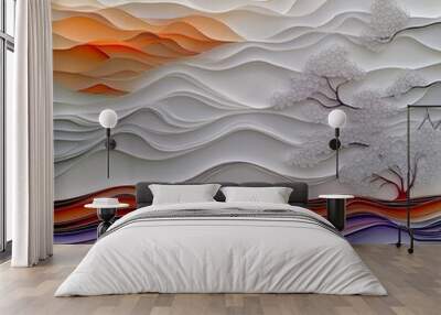 A paper craft landscape featuring stylized hills. trees and clouds in white, orange and purple Wall mural