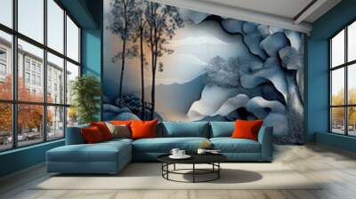 A surreal landscape vignette featuring a full moon shining down on trees on a rocky shoreline Wall mural