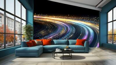 Abstract composition featuring concentric curving bands of colorful lines and dots on a black deep space background Wall mural