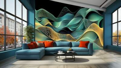 Abstract composition featuring layers and waves of blue-green and gold, with a lattice pattern Wall mural