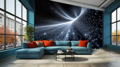 Abstract composition featuring lines and dots in white on a black deep space background Wall mural