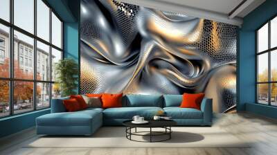 Abstract design in subtly patterned folds of reflective silver, with gold and black Wall mural