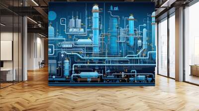 AI-generated illustration of a stylized complex refinery system, at night. MidJourney. Wall mural